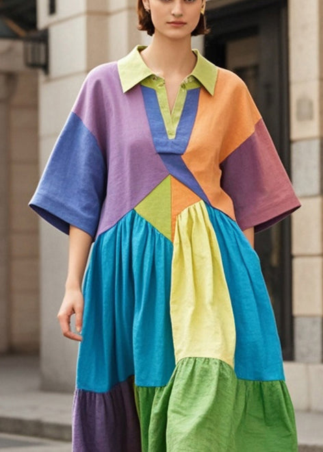Multicolor Oversized Patchwork Cotton Holiday Dress Summer