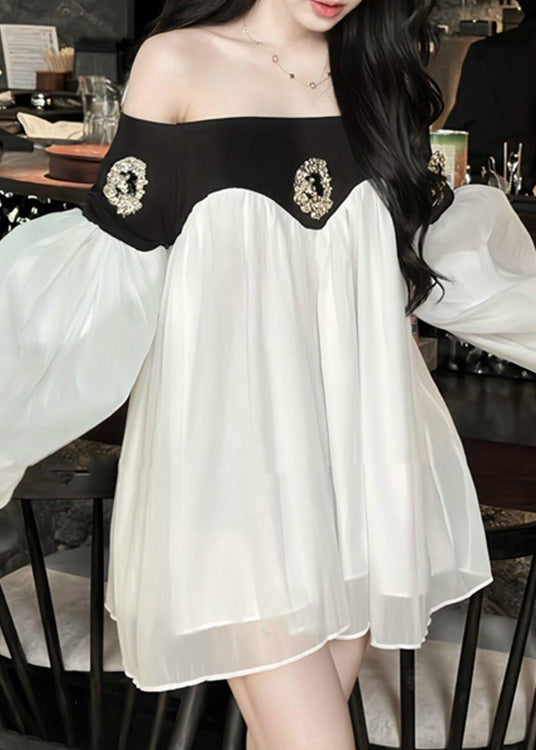 Black Slash Neck Patchwork Chiffon Mid Dress Lantern Sleeve