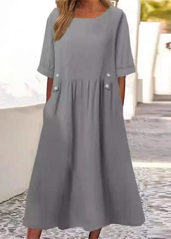Art White O Neck Pockets Cotton Long Dress Summer