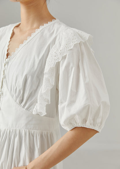 White V Neck Patchwork Cotton Party Dress Summer