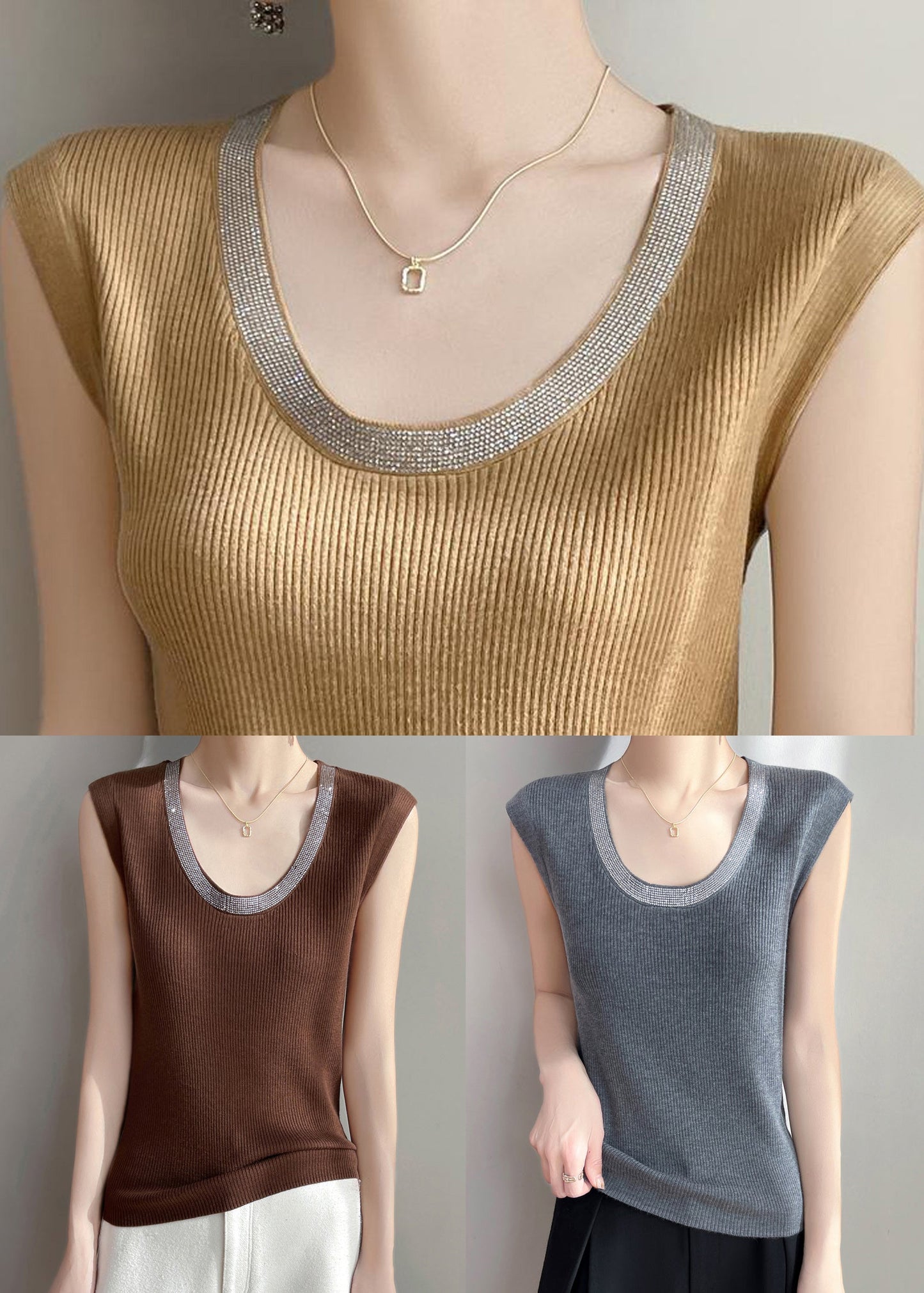New Coffee Zircon Cozy Knit Tank Sleeveless