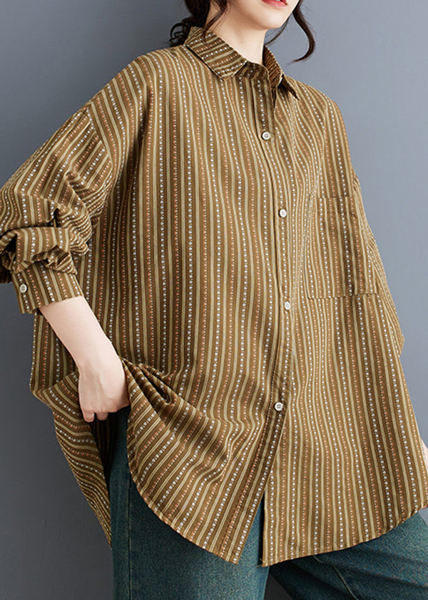 Khaki Peter Pan Collar Striped Cotton Shirts Spring