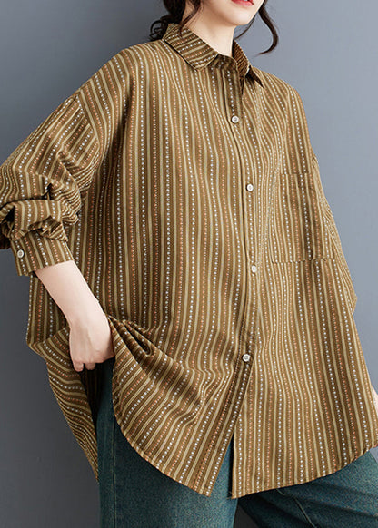 Khaki Peter Pan Collar Striped Cotton Shirts Spring