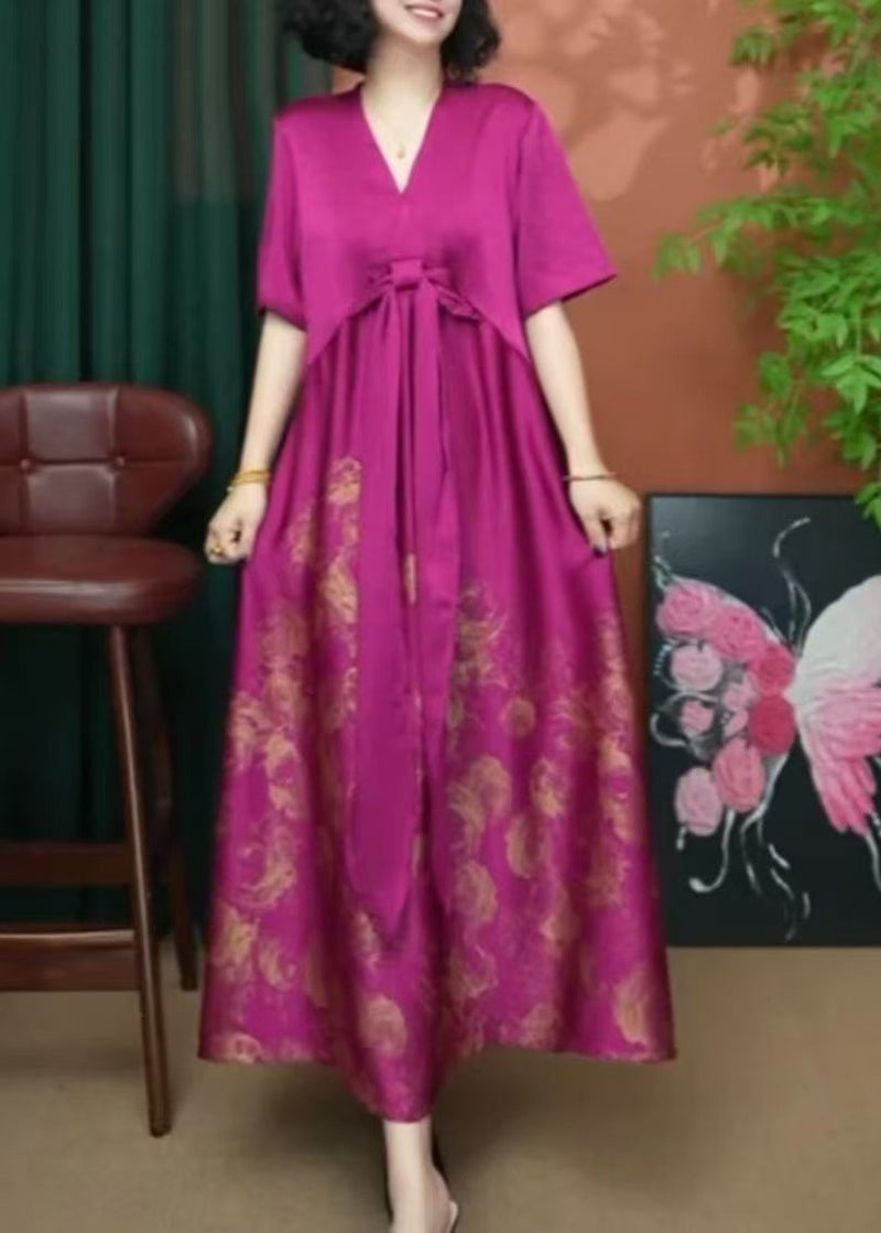 Rose V Neck Print Patchwork Silk Long Dress Summer