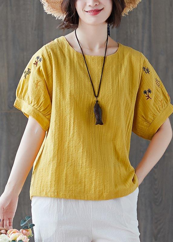 Navy Embroidered Cotton Linen T Shirts Summer
