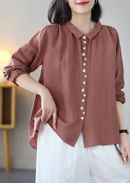 Pink Linen Blouse Top Turn-down Collar Button Long Sleeve