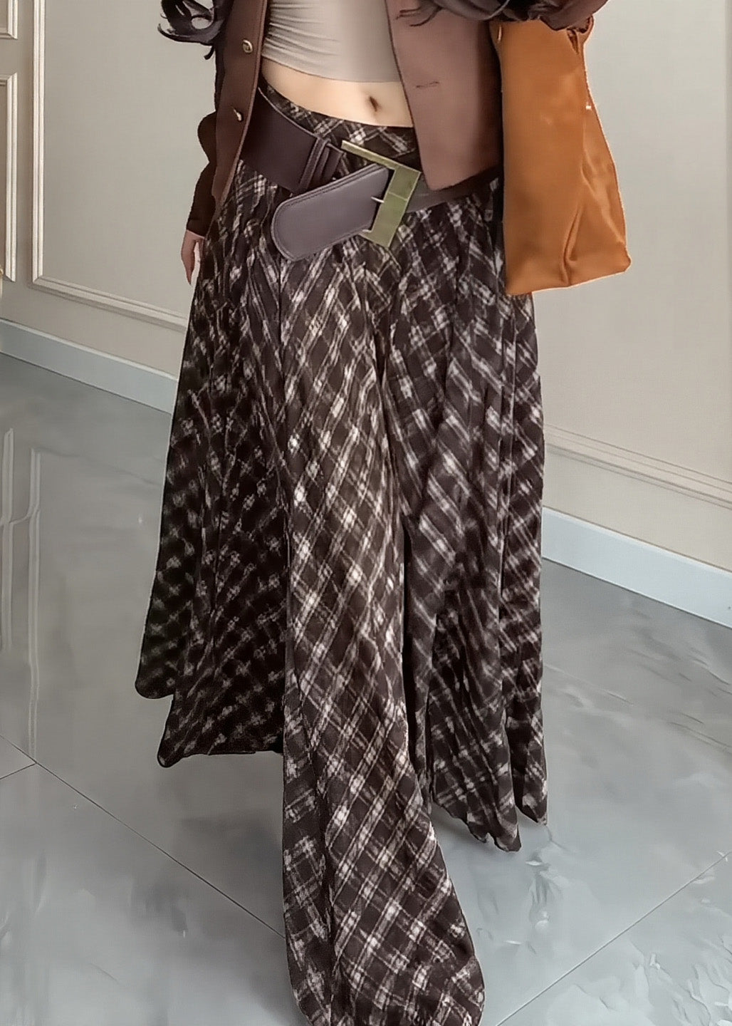 Brown Plaid Exra Large Hem Cotton Skirts Winter