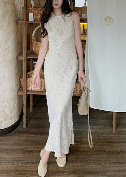 Beige O-neck Side Open Silk Long Dresses Sleeveless