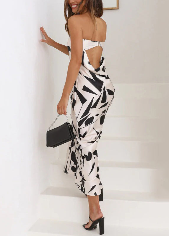 Unique White Backless Hollow Out Print Cotton Long Dress Sleeveless