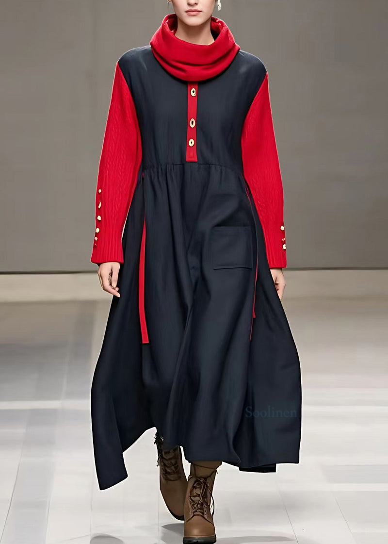 Black Turtleneck Patchwork Maxi Dresses Long Sleeve