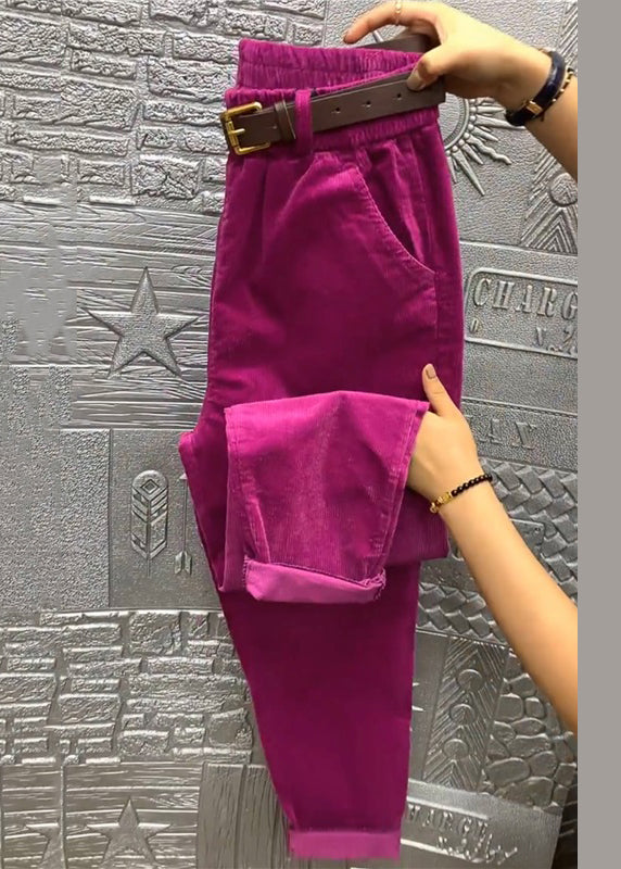 Loose Green Pockets Elastic Waist Corduroy Harem Pants Fall