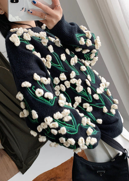 Black O Neck Cozy Cotton Knit Sweater Winter