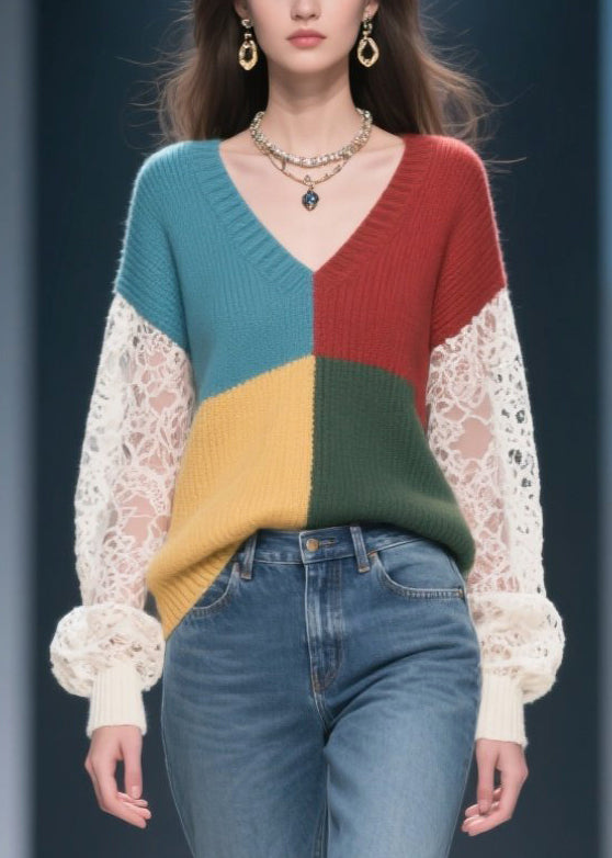 Mixed Color Hollow Out Patchwork Lace Sweater Tops Fall