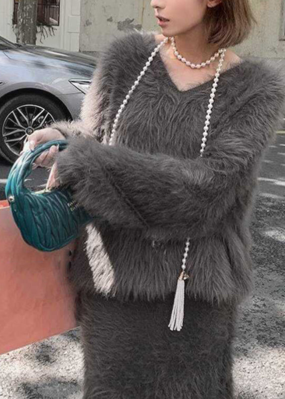 Stylish Grey Mink Hair Knitted Sweaters and Maxi Skirts Two Piece Set Winter