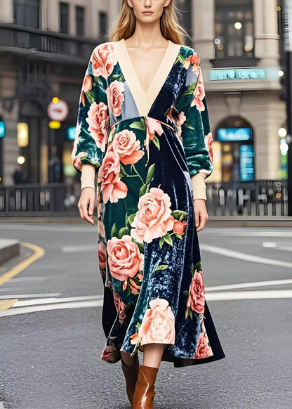 Colorblock V Neck Patchwork Print Silk Velvet Dresses Fall