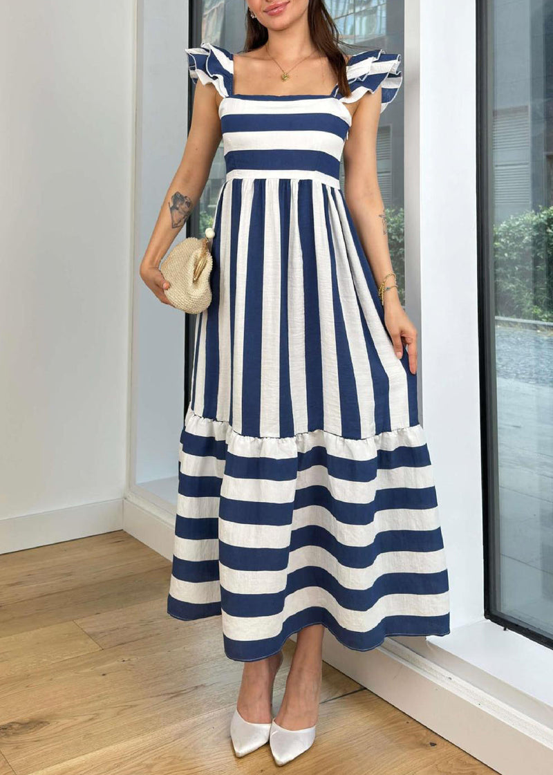 Blue Square Collar Striped Cotton Dress Butterfly Sleeve