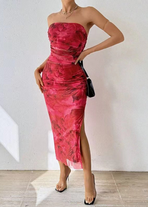 Slim Fit Green Print Tulle Strapless Dress Summer