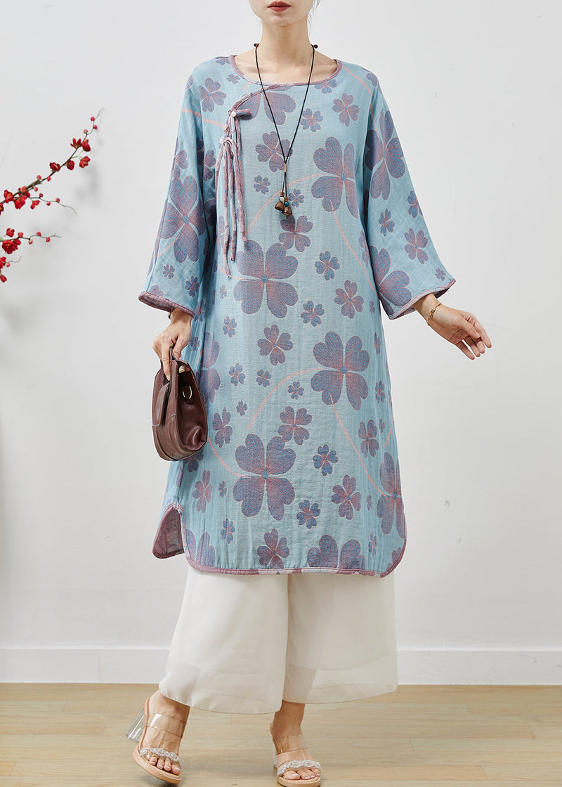 Blue Oversized Print Cotton Long Dresses Spring
