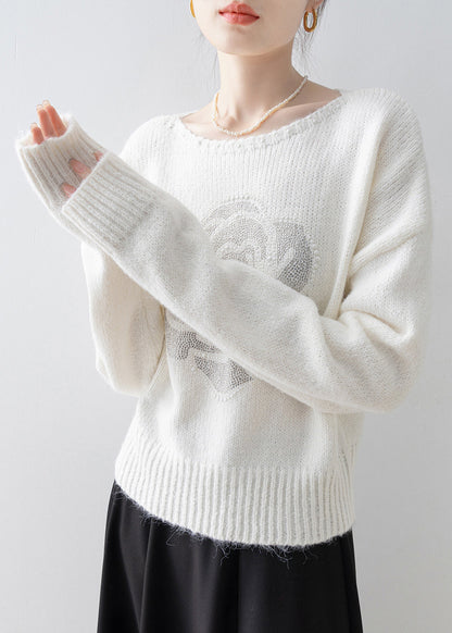 Fine White O Neck Zircon Knit Sweaters Spring