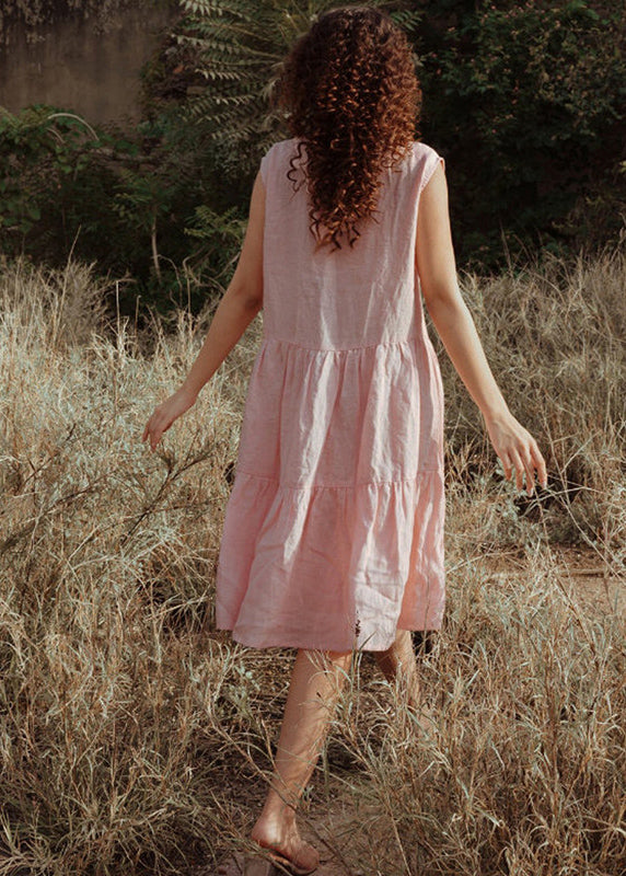 Pink O Neck Wrinkled Patchwork Linen Dress Sleeveless