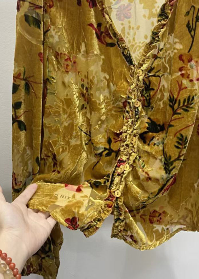 Yellow V Neck Ruffled Button Silk Velour Shirt Fall