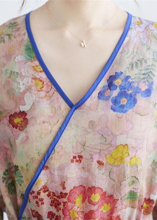 Simple Print V Neck Summer Tie Waist Long Dresses Half Sleeve