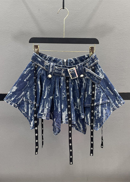 Unique Blue Patchwork Denim a Line Skirt Summer