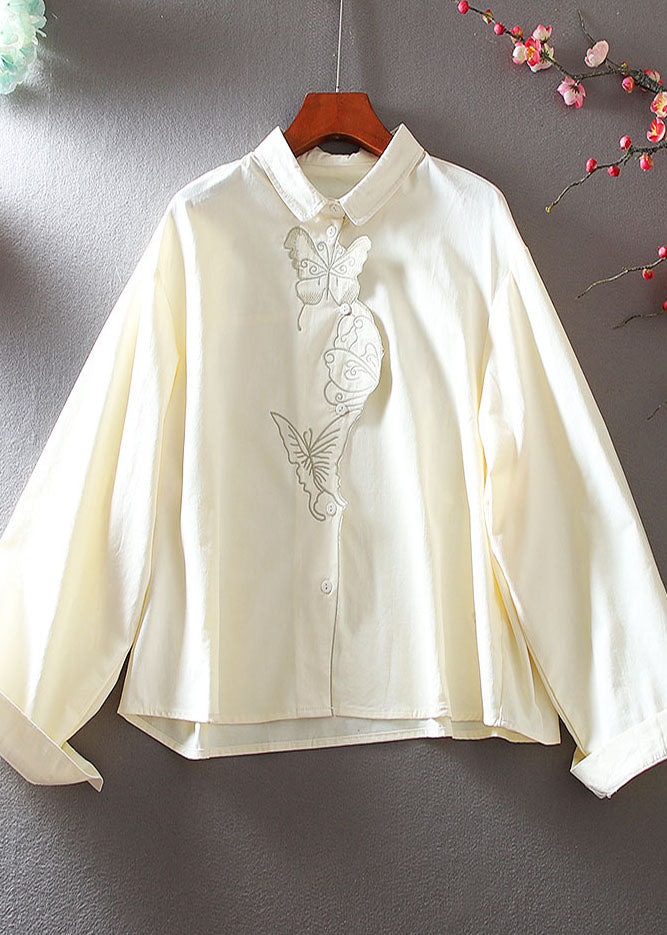 Apricot Embroidered Butterfly Cotton Blouses Spring