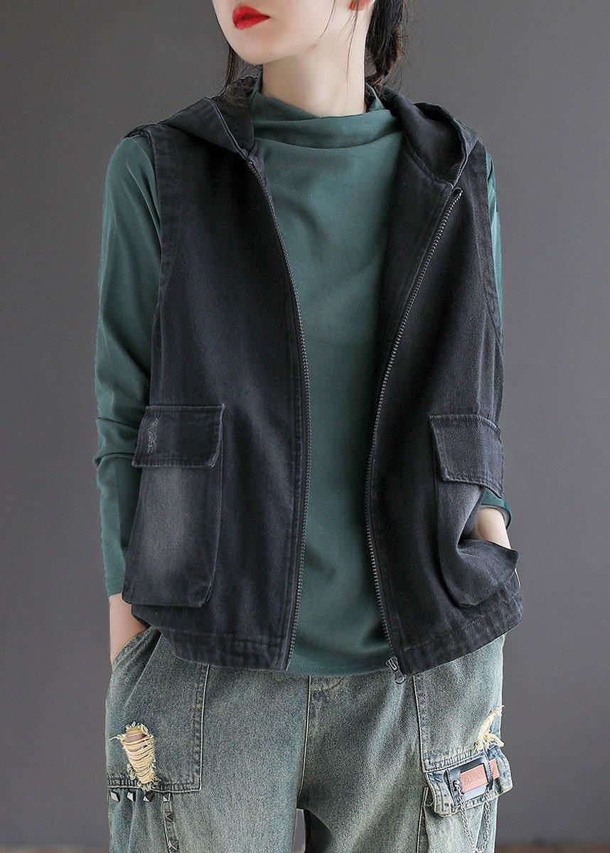 French Black Denim Hooded Patchwork Fall Waistcoat Sleeveless
