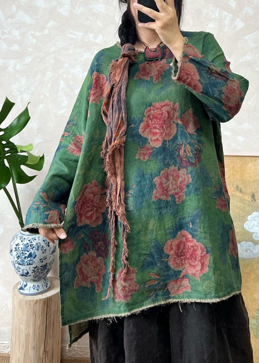 Loose Green O Neck Print Linen Top Long Sleeve