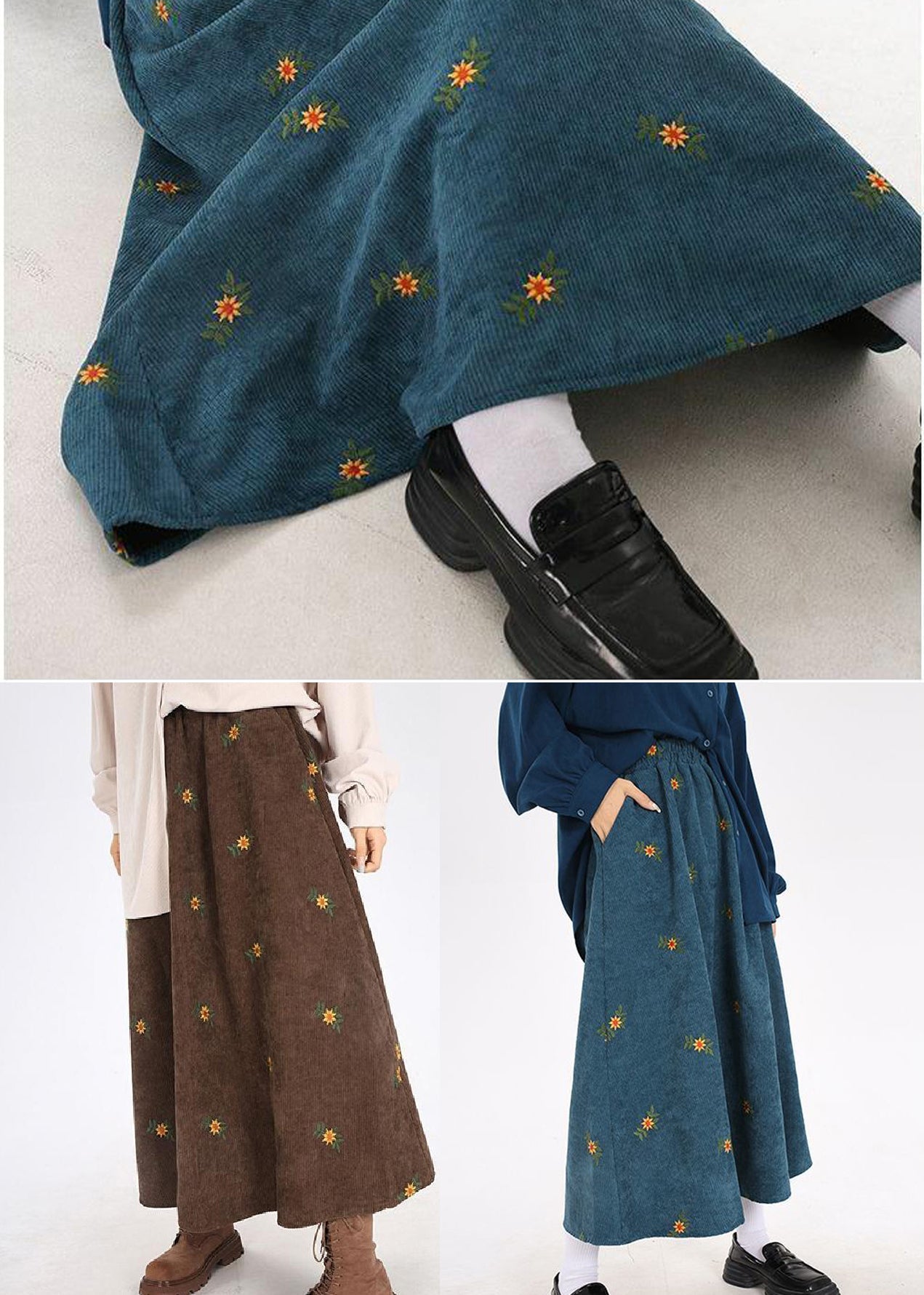 Brown Corduroy a Line Skirt Embroidered Spring
