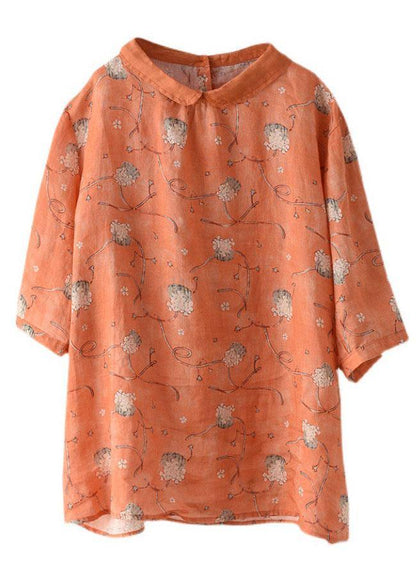 Diy Orange Print3 Ramie Half Sleeve Shirt Summer