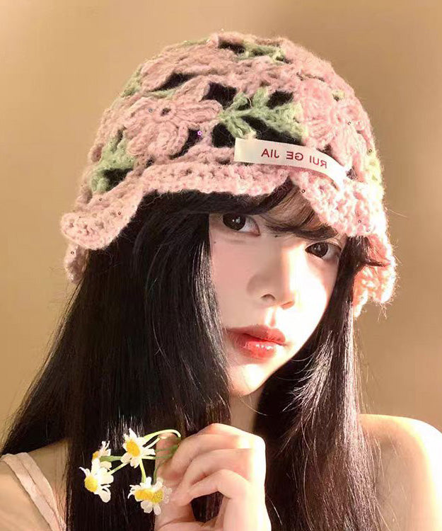 Pink Flower Hollow Thin Knitted Boonie Hat