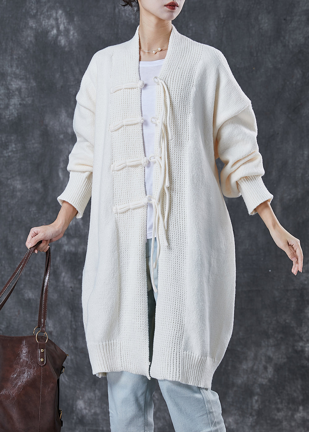 White Oversized Chinese Button Knit Cardigans Spring