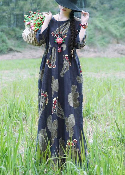 Loose Navy Cotton Linen Robes Sleeve Prints Summer Dress