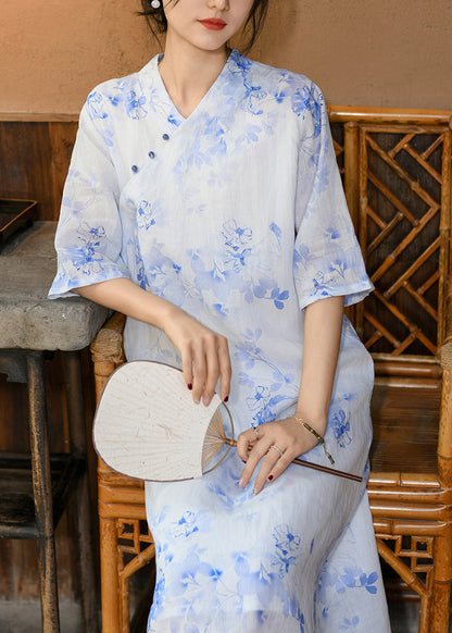 Original Design Blue V Neck Print Linen Dress Summer