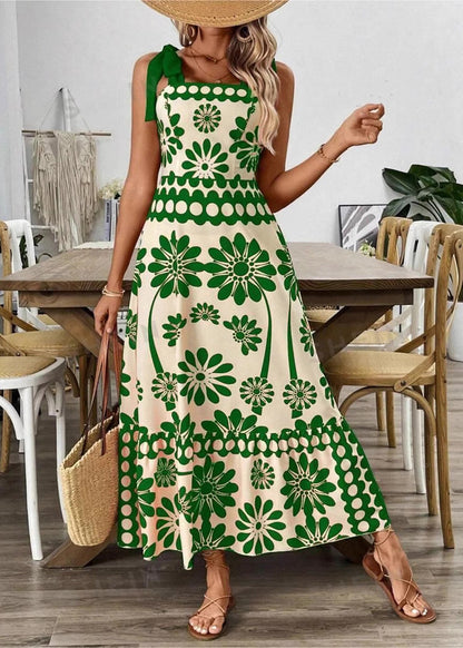 Unique Green Print Lace Up Cotton Spaghetti Strap Dress Summer