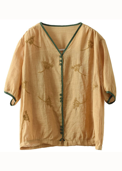 Yellow V Neck Embroidered Patchwork Linen Top Summer