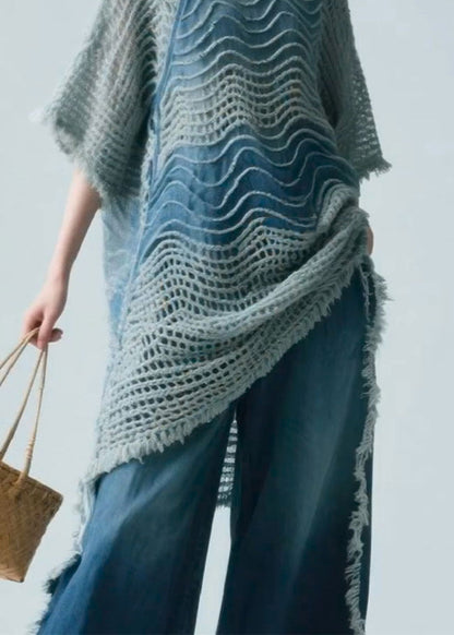 Art Blue Stand Collar Hollow Out Knit Shirt Half Sleeve