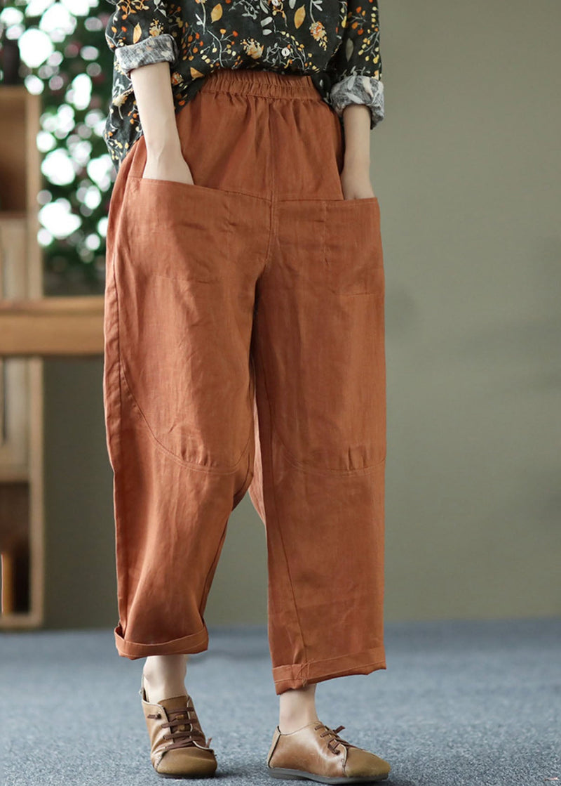 Caramel Linen Harem Pants High Waist Pockets Summer