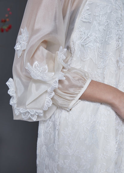 White Embroidered Tulle Robe Dresses Lantern Sleeve