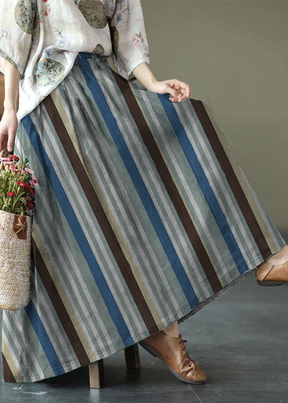 Brown and Red Stripes Ramie Elastic Waist Skirt