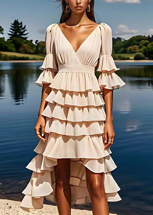 Apricot V Neck Ruffled Low High Design Chiffon Dresses Flare Sleeve