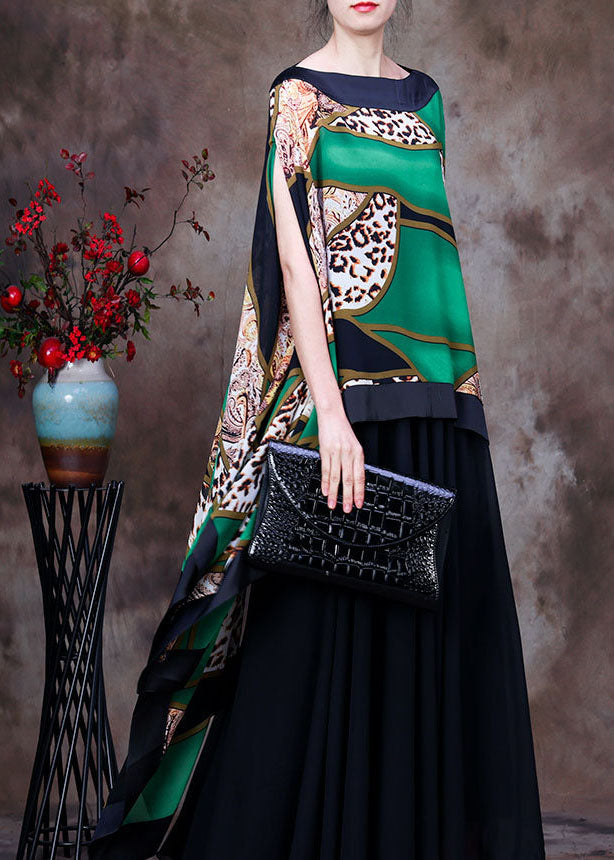 Green Leopard Print Low High Design Chiffon Upf 50+ Top Batwing Sleeve