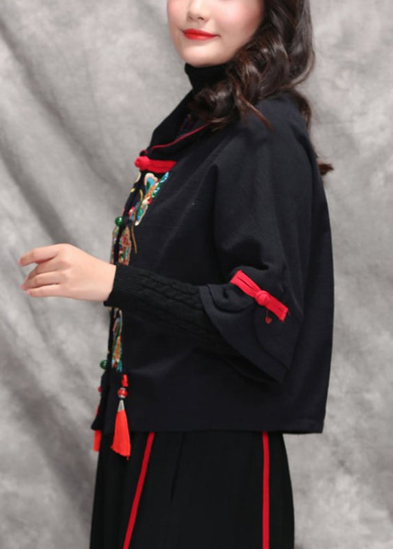 Black Peter Pan Collar Embroidered Coats Long Sleeve