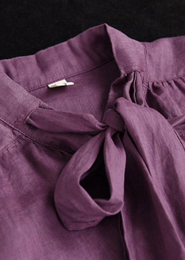 Purple Stand Collar Bow Button Linen Shirt Long Sleeve