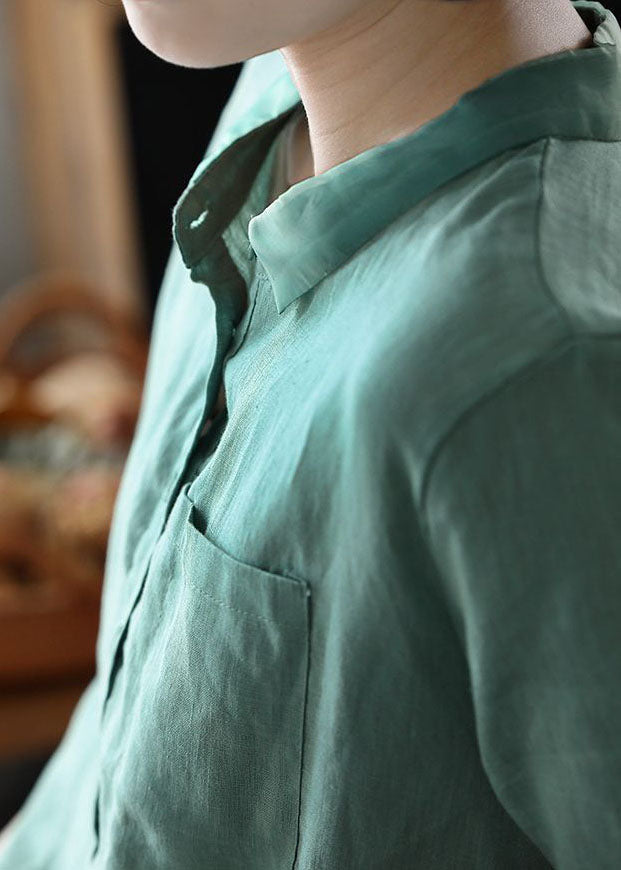 Green Organza Patchwork Linen Shirt Top Pocket Button Short Sleeve