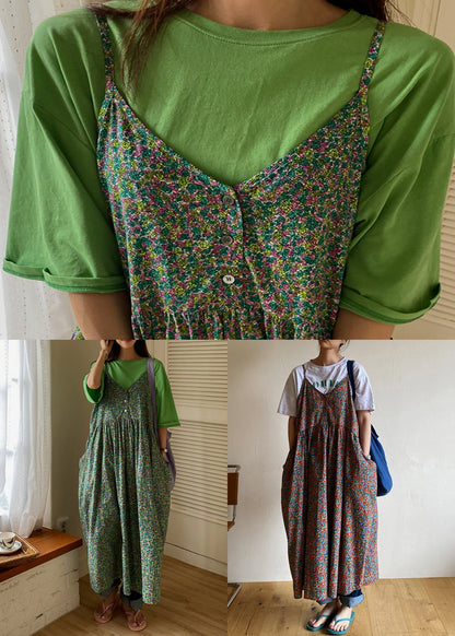 Green V Neck Print Pockets Cotton Tank Dress Sleeveless