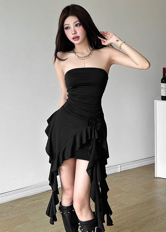 White Asymmetrical Ruffled Strapless Mid Dress Sleeveless