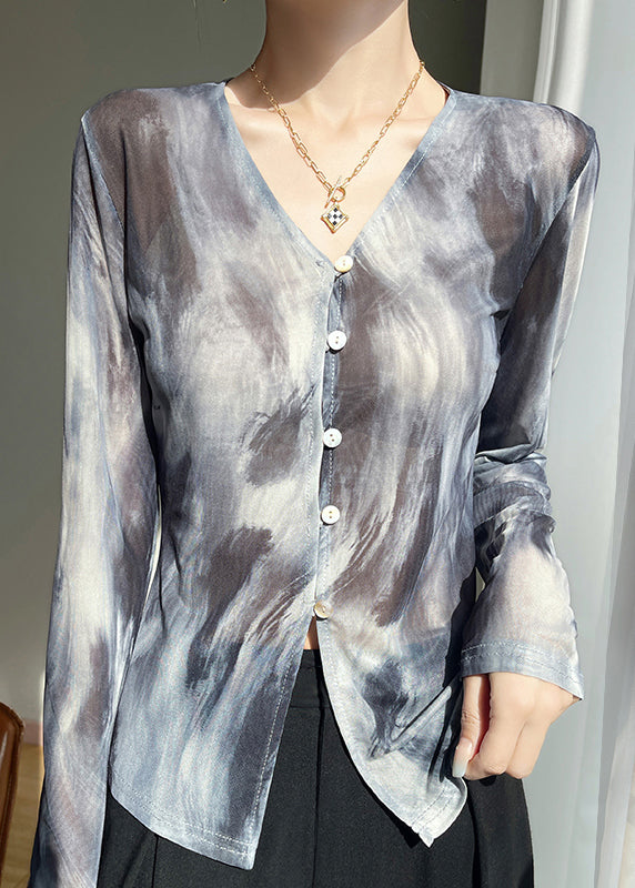 Stylish Grey V Neck Print Tulle T Shirt Fall